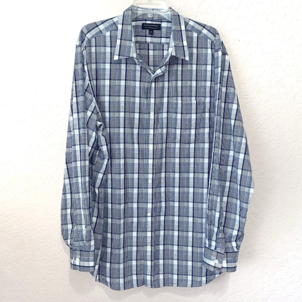 Banana Republic Soft Wash Tailored Slim Fit Shirt Mens‎ XXL Blue White Plaid LS